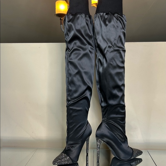 Black Satin Rhinestone Embellished Over the Knee Boots - Picture 11 of 12
